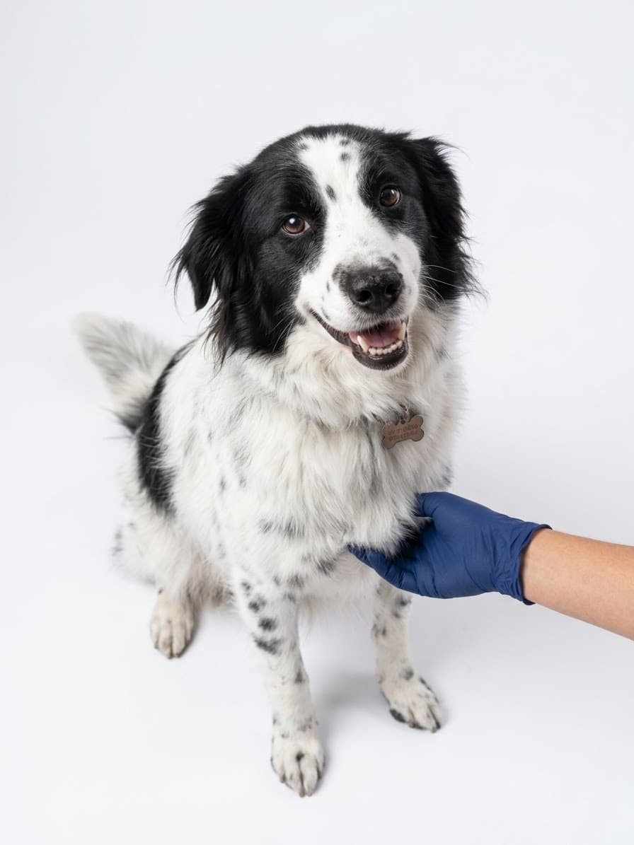 Perro blanco con manchas negras, sentado y contento, mientras una mano con guante azul lo revisa