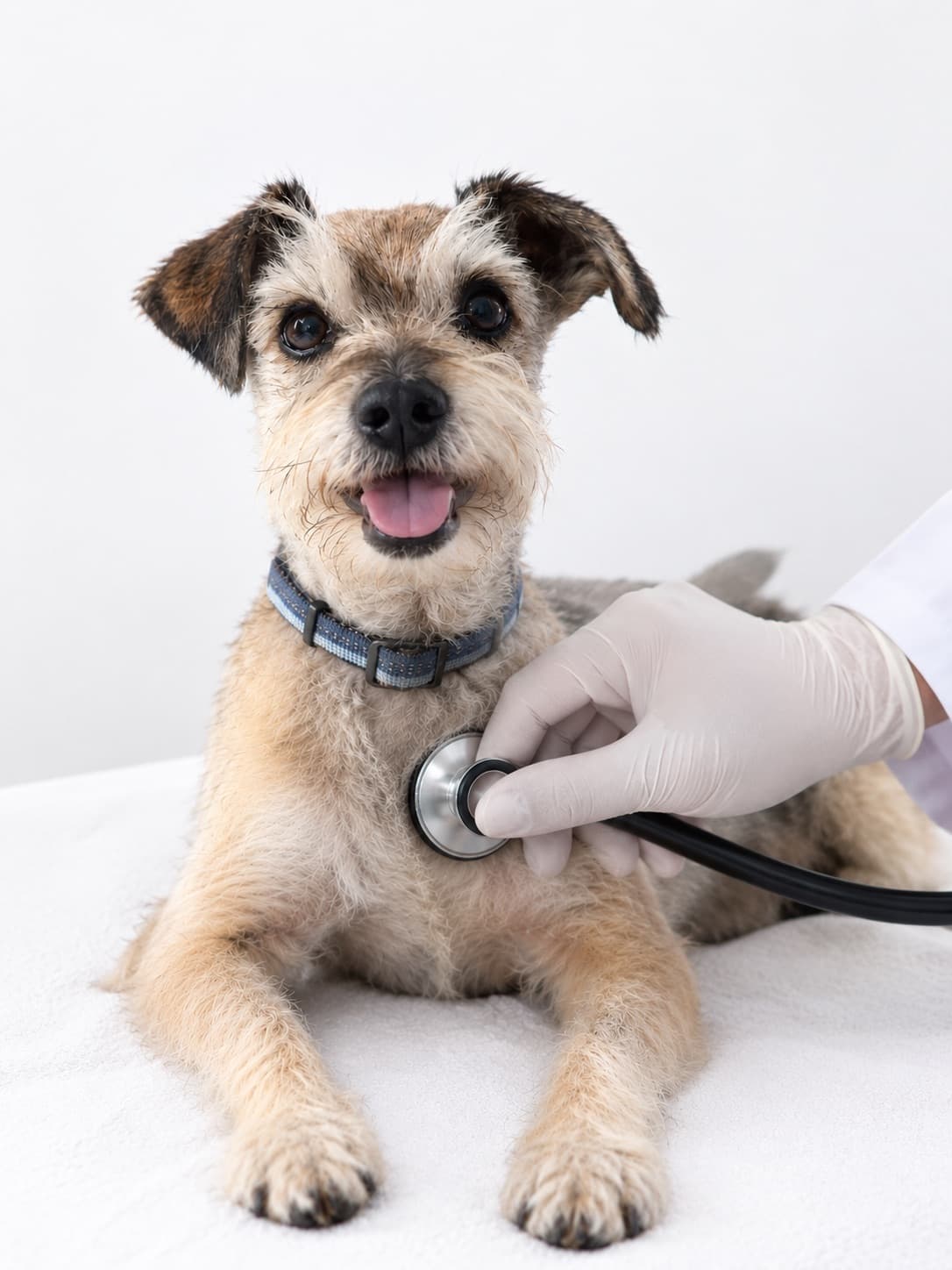 Perro pequeño de pelo áspero, tranquilo, mientras se le ausculta el pecho con un estetoscopio