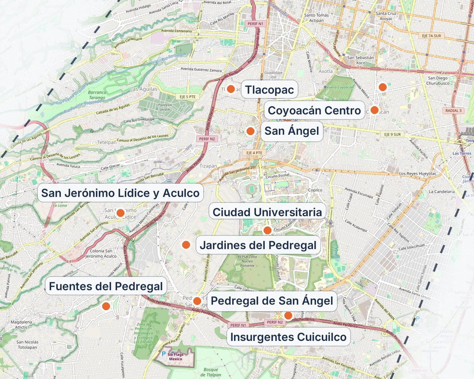 Mapa del poniente y el sur de la Ciudad de México con las colonias que se atienden a domicilio marcadas una por una. Los nombres están en la lista de al lado.